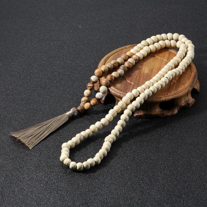 Collier de Perles Mala en Bois Élégance Naturelle Esprit Macramé