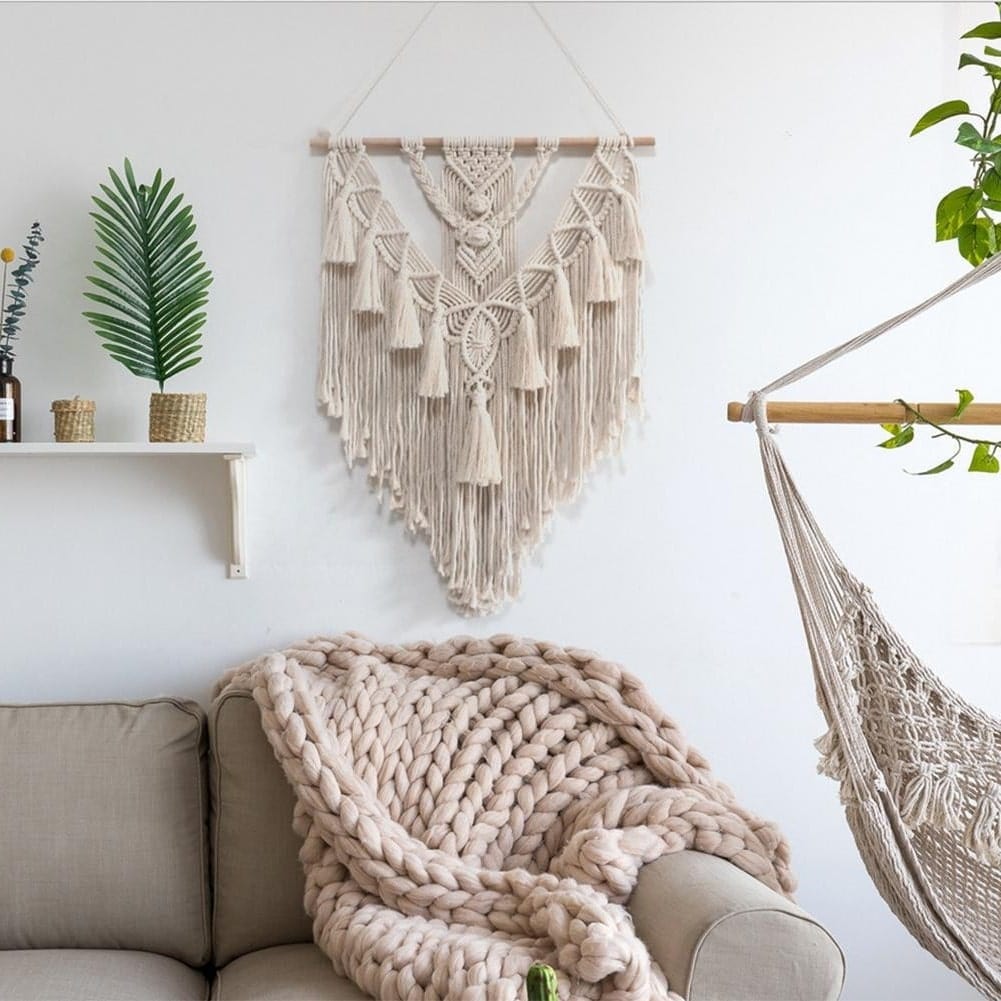 Macramé Mural Bohème avec Pompons Chic Esprit Macramé